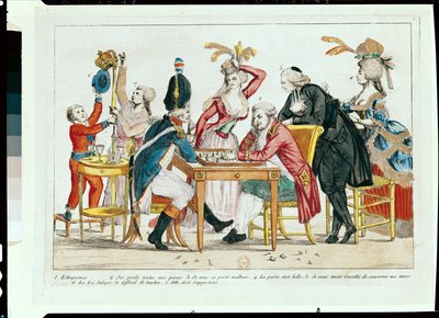 Caricature de Louis XVI (1754-93) jouant aux échecs avec un soldat de la Garde nationale - French School